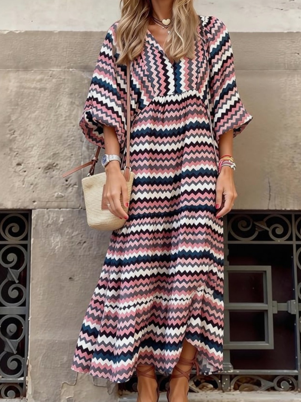 BRAND NEW Boho V-Neck Zigzag Maxi Dress - Pink & Black
